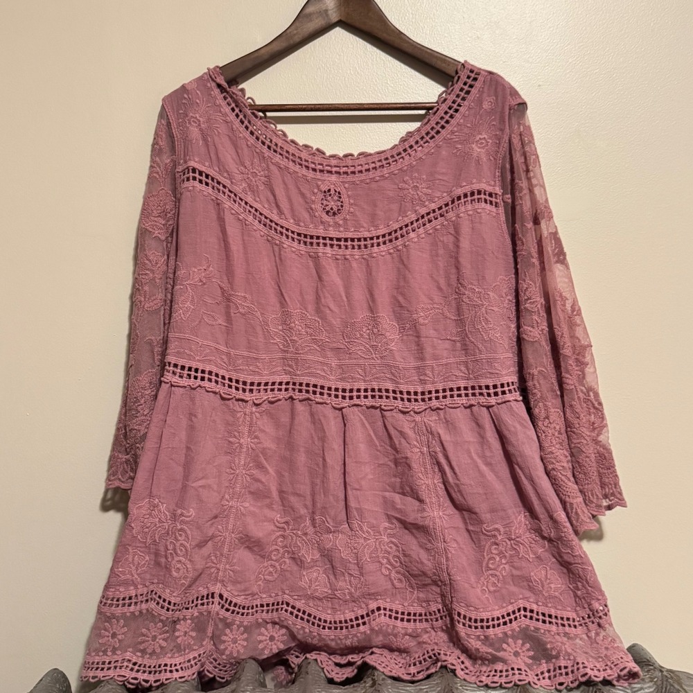 Women's Embroidered Lace Tunic Top Mauve Pink 1X Boho Indie Feminine Peasant